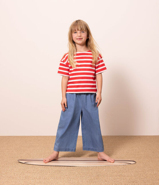 T-shirt bambina in cotone spesso a righe rosso PEPS/bianco MARSHMALLOW