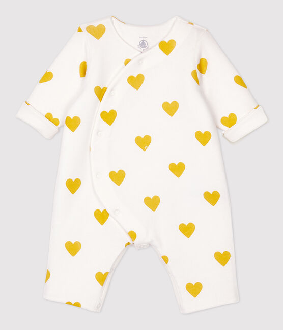 Tutina lunga cuori gialli bebè femmina in cotone biologico bianco MARSHMALLOW/giallo OCRE