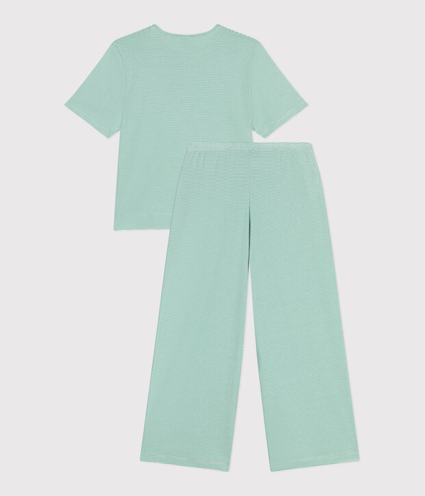 Pigiama in cotone a righe con gamba ampia donna verde/bianco