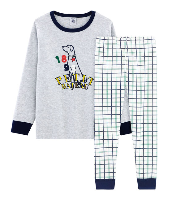 Pigiama bambino in costina e tubique bianco MARSHMALLOW/bianco MULTICO