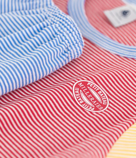 Pigiama corto millerighe rosso, blu e giallo bambino in cotone rosso PEPS/bianco MULTICO