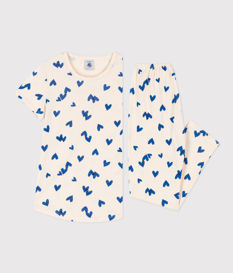 Pigiama bambina manica corta in cotone ecru/multicolore