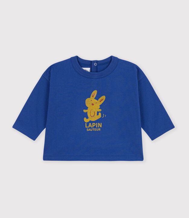 T-shirt a maniche lunghe in cotone tinta unita con motivo neonato blu