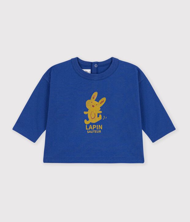 T-shirt a maniche lunghe in cotone tinta unita con motivo neonato blu