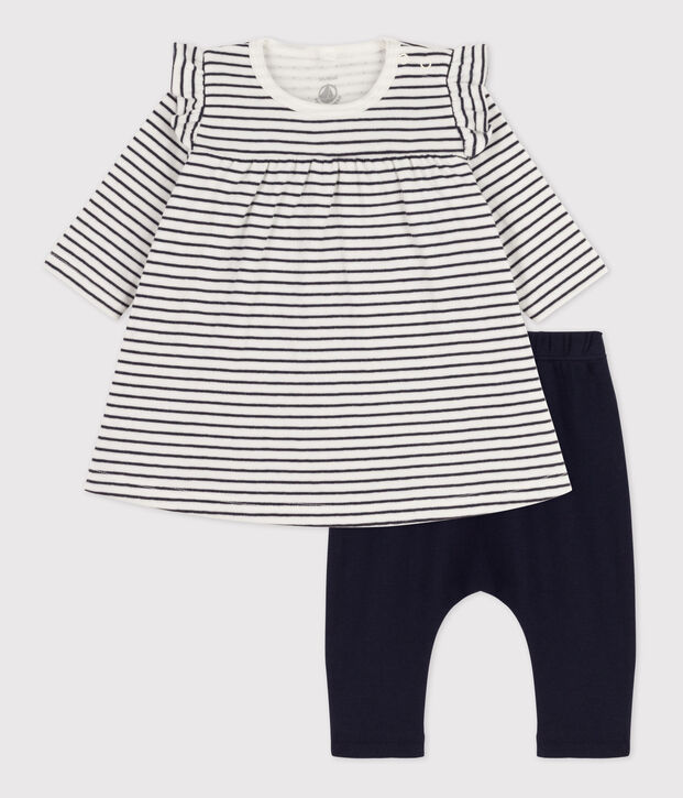 Abito leggings a righe marini&egrave;re per neonati in tubique di cotone bianco/blu