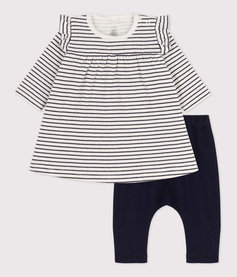 Abito leggings a righe marini&egrave;re per neonati in tubique di cotone bianco/blu