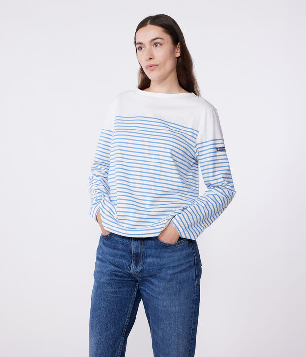 Marini&egrave;re a maniche lunghe in cotone donna bianco/blu
