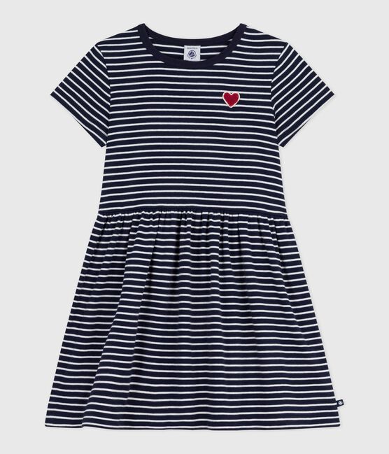 Abito a maniche corte in cotone a righe bambina blu SMOKING/bianco MARSHMALLOW