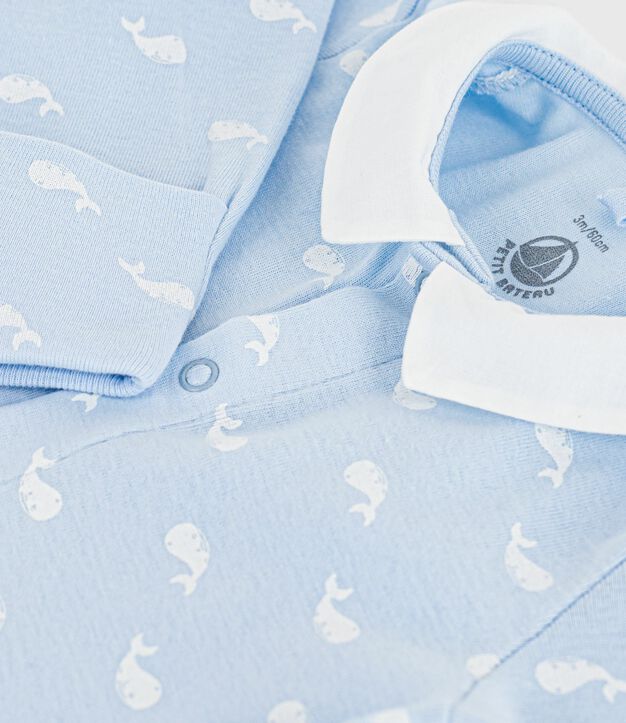 Pigiama neonato in cotone con colletto stampato con balena blu/bianco