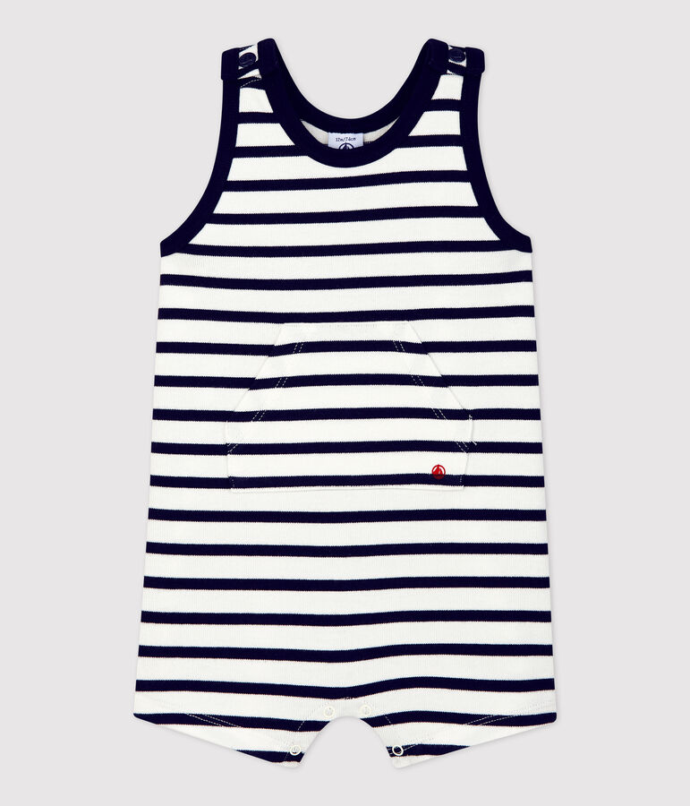 Tutina corta in jersey biologico spesso beb&egrave; bianco MARSHMALLOW/blu SMOKING