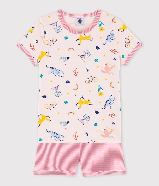 Pigiama corto bambina in cotone con stampa animali yoga rosa FLEUR/bianco MULTICO
