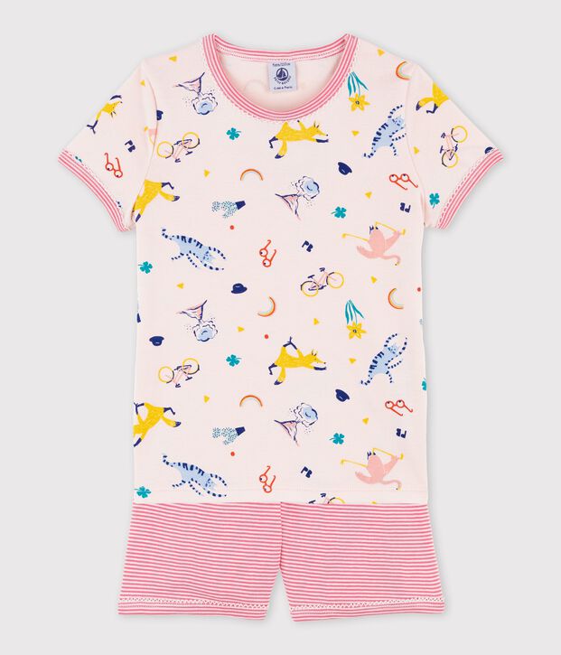 Pigiama corto bambina in cotone con stampa animali yoga rosa/multicolore
