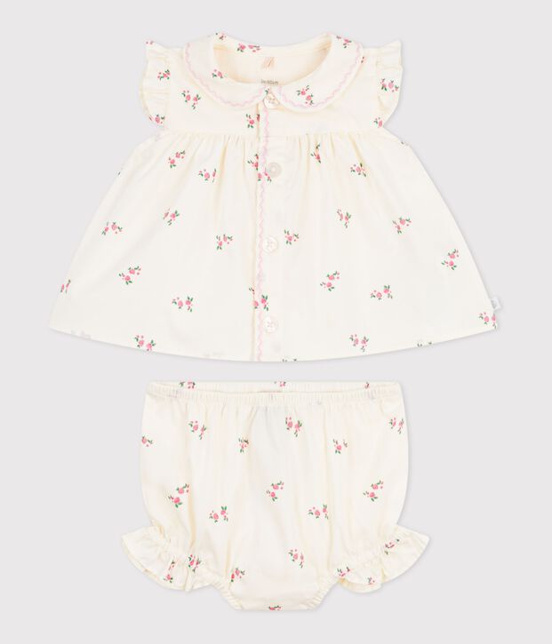 Set 2 pezzi in cotone composto da camicetta e bloomer con stampa a fiori neonata ecru/multicolore