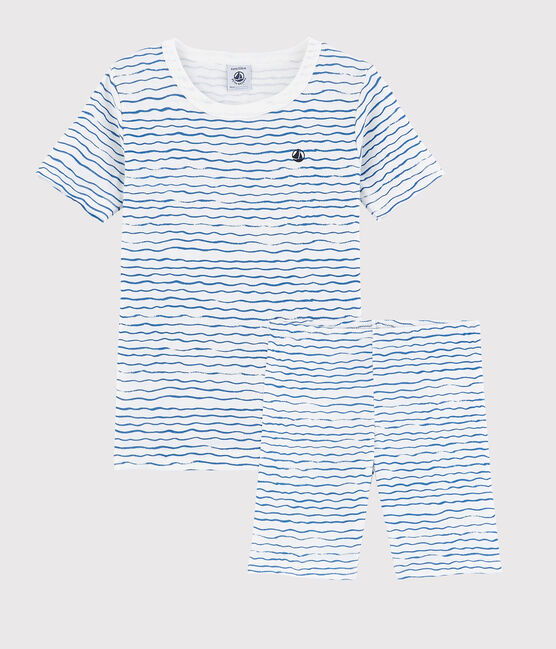 Pigiama corto snugfit fantasia onde bambino in cotone bianco MARSHMALLOW/blu COOL