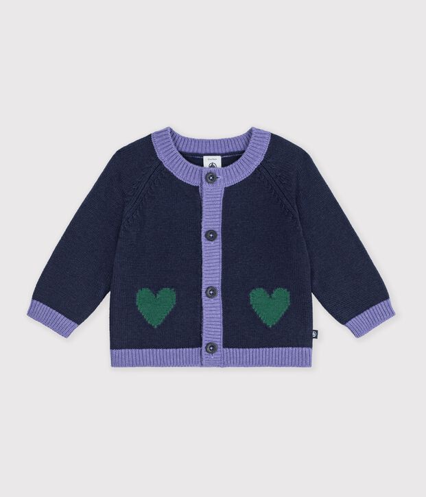 Cardigan in maglia di misto lana e cotone con motivo jacquard a cuori neonata blu/multicolore