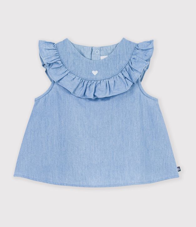 Blusa senza maniche in chambray di cotone ricamato neonato blu