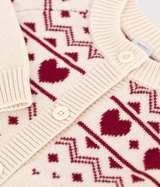 Cardigan in misto lana e cotone con motivo jacquard bambina ecru/rosso