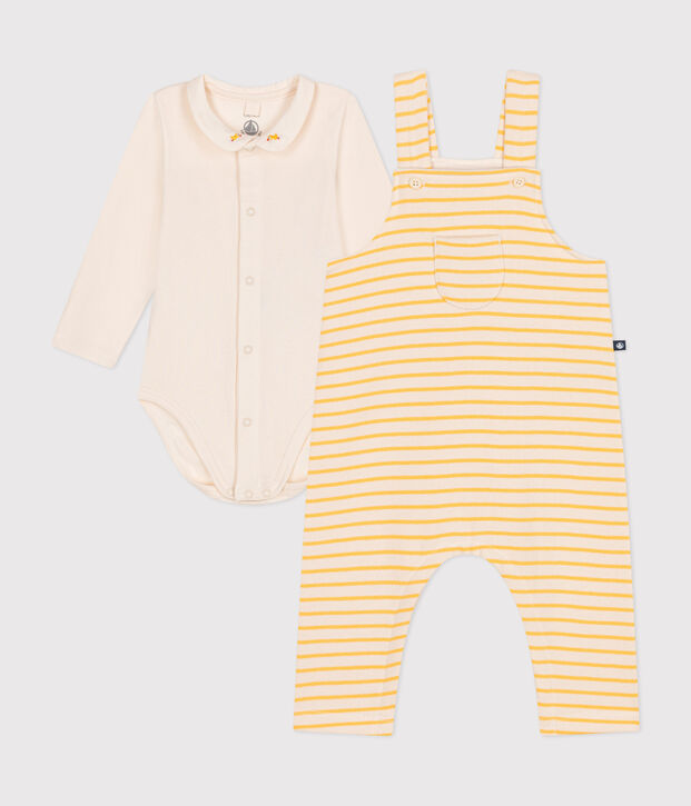 Set completo di salopette e body in cotone per neonato ecru/giallo