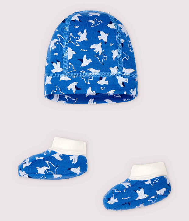 Confezione cappellino nascita e babbucce azzurre neonato in tubique di cotone biologico multicolore