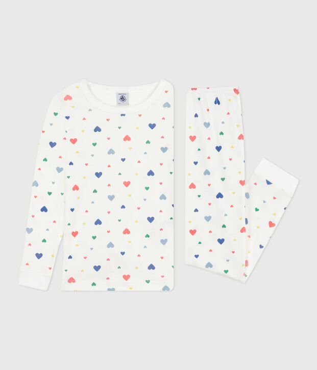 Pigiama per bambini in cotone con stampa a cuore, molto aderente bianco/multicolore