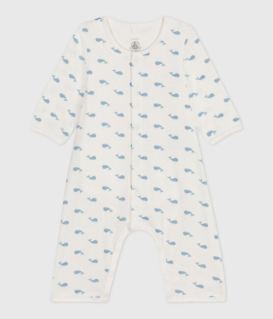 Bodyjama senza piedini in cotone con balene stampate neonato MARSHMALLOW/ ADRIATIC