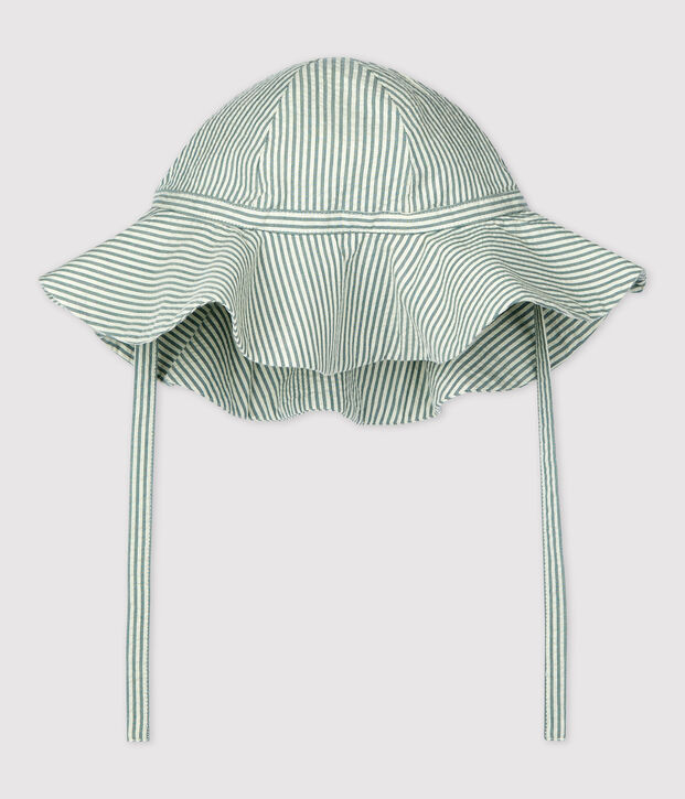 Cappellino in seersucker a righe beb&egrave;. verde/bianco