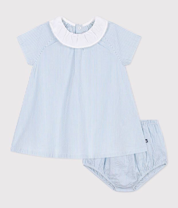 Abito a maniche corte in cotone con bloomer abbinato a righe neonata blu/blu