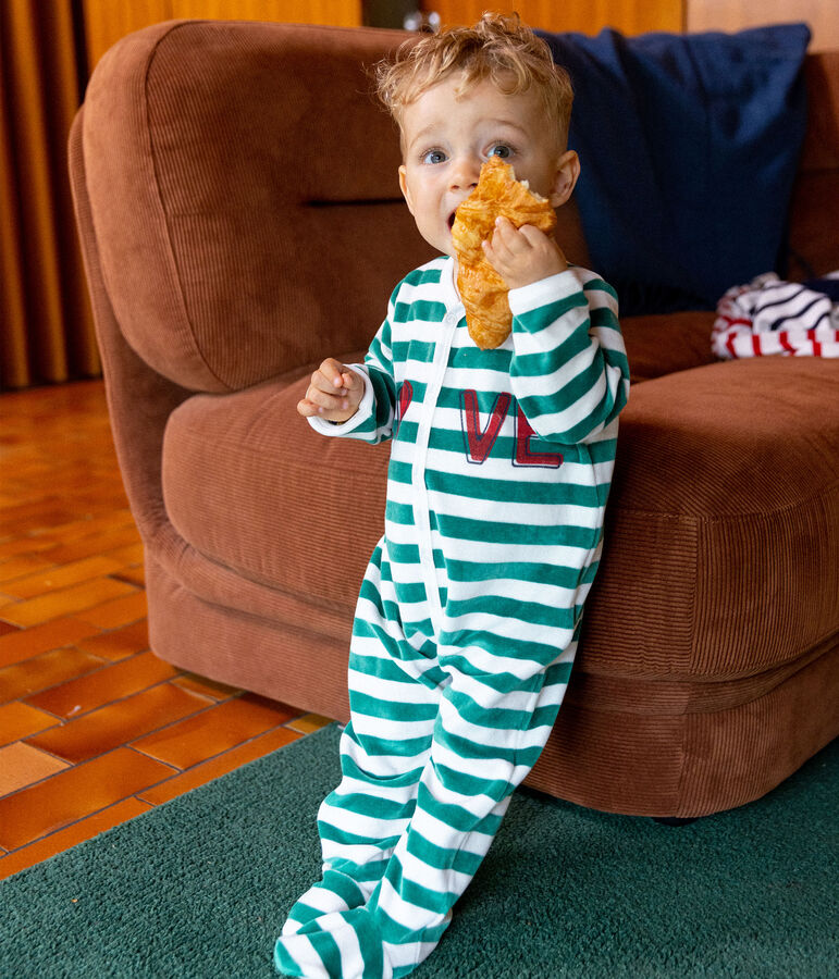 Tutina pigiama beb&egrave; in ciniglia verde/bianco