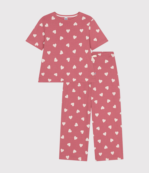 Pigiama in cotone con cuore stampato donna rosa/bianco