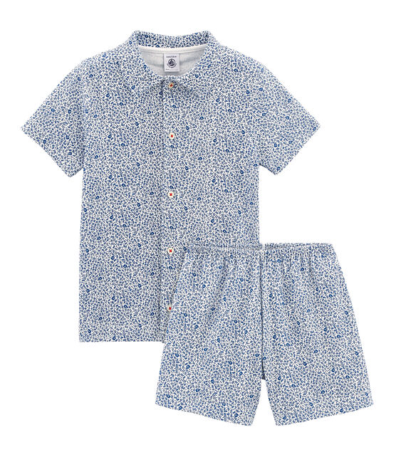 Pigiama corto bambino a costine bianco MARSHMALLOW/blu MAJOR