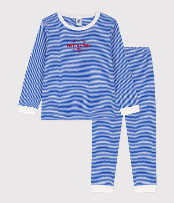 Pigiama millerighe in cotone bambina/bambino blu PERSE/bianco MARSHMALLOW