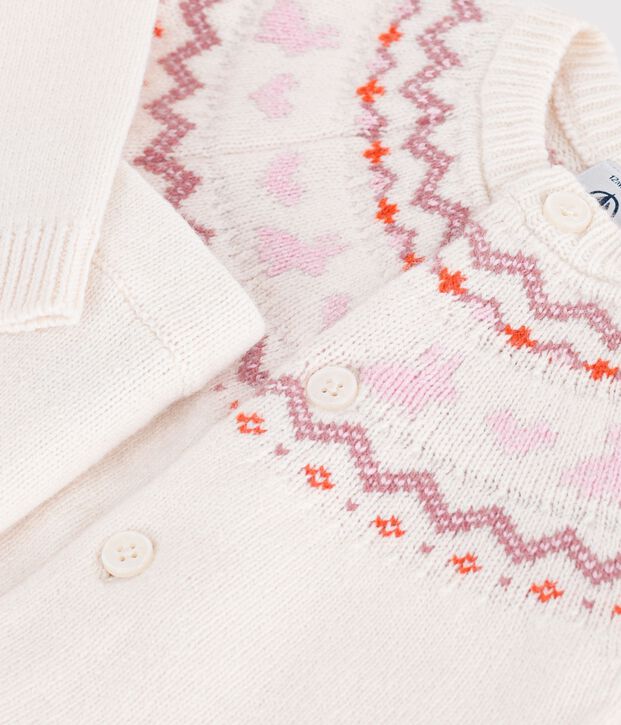 Completo in maglia jacquard fantasia neonato ecru/rosa