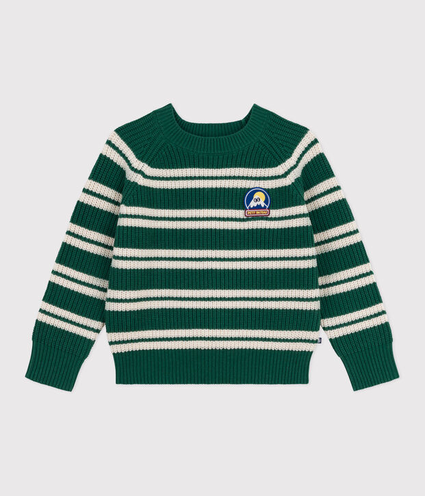 Pullover in misto lana e cotone a righe bambino verde/ecru