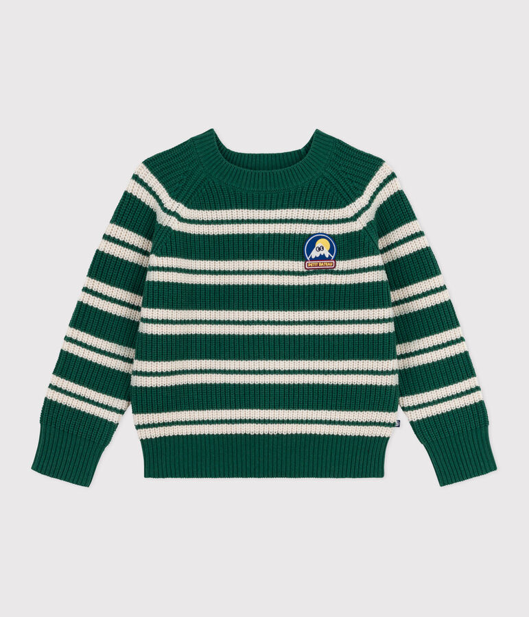 Pullover in misto lana e cotone a righe bambino verde/ecru
