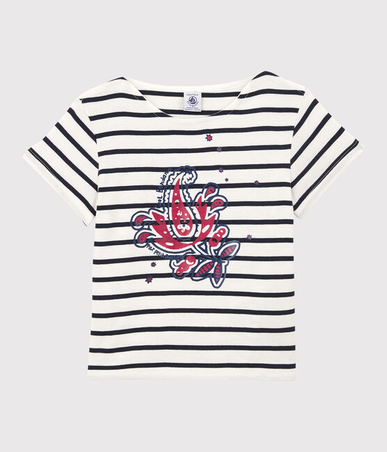 T-shirt a maniche corte in cotone bio bambina bianco MARSHMALLOW/blu SMOKING
