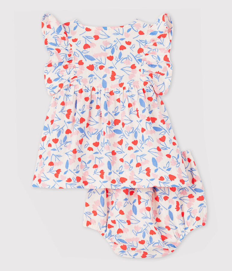 Abito senza maniche a fiori con bloomer beb&egrave; femmina in tessuto goffrato di cotone biologico rosa/multicolore