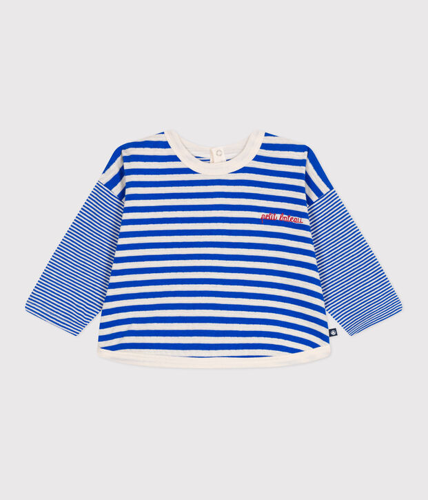 T-shirt a maniche lunghe in cotone a righe neonato blu/ecru