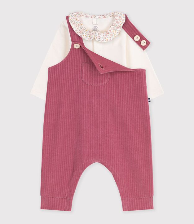 Completo da neonato in cotone composto da tutina e body con colletto semplice rosa/ecru