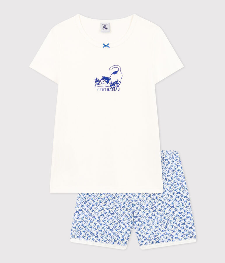Pigiama shorts in cotone bambina bianco/blu