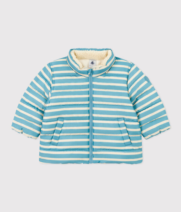 Piumino a righe con cappuccio ripiegabile per beb&egrave; blu/ecru
