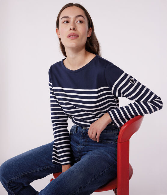 Marinière a maniche lunghe in cotone donna blu SMOKING/bianco MARSHMALLOW