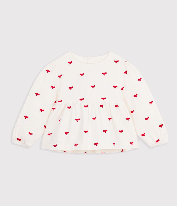 Blusa a maniche lunghe in cotone con stampa a fiocchi bambina ecru/rosso