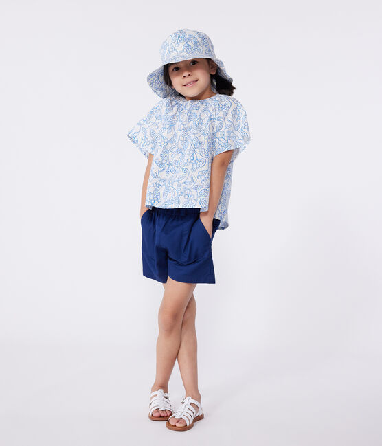 Blusa bambina a maniche corte in cotone con ciliegie stampate blu MARSHMALLOW/ PORCELANA