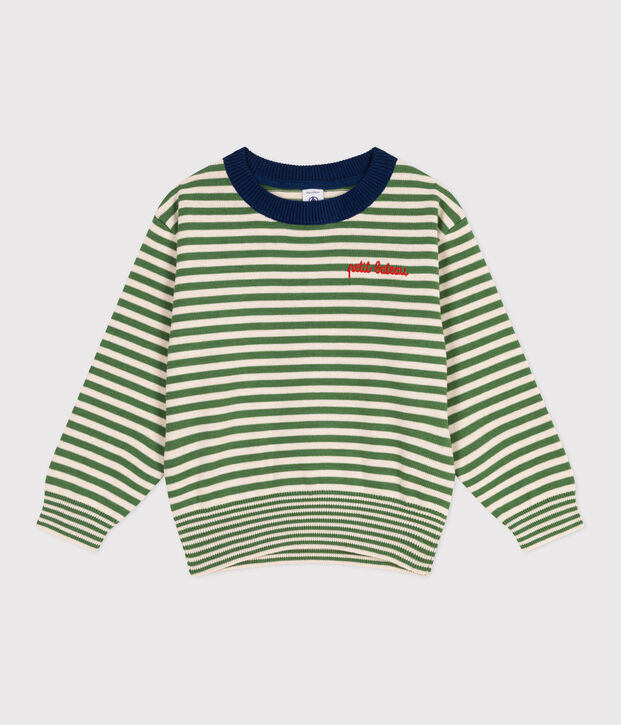 Pullover in cotone a righe bambino verde/ecru