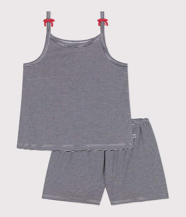 Pigiama corto in cotone a righe con spalline bambina blu/bianco
