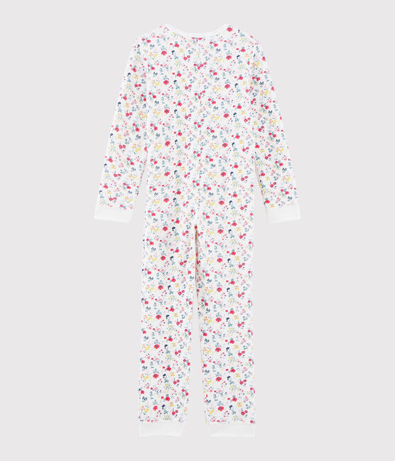 Pigiama intero a fiori bambina in spugna bouclette grattata bianco MARSHMALLOW/bianco MULTICO