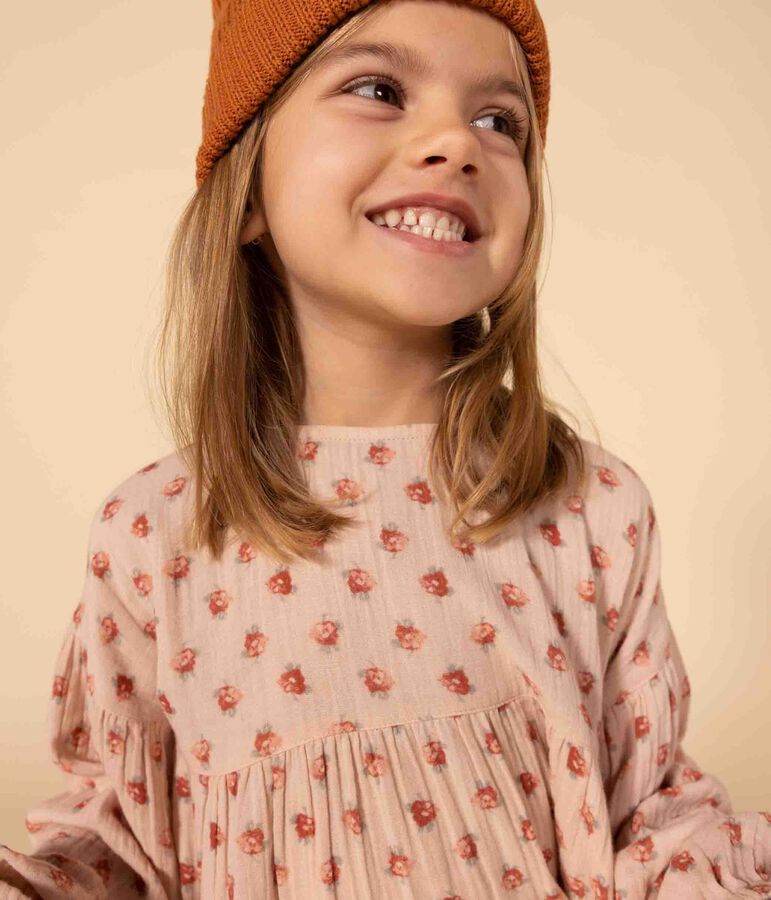 Abito a maniche lunghe in garza di cotone a fiori bambina rosa SALINE/bianco MULTICO