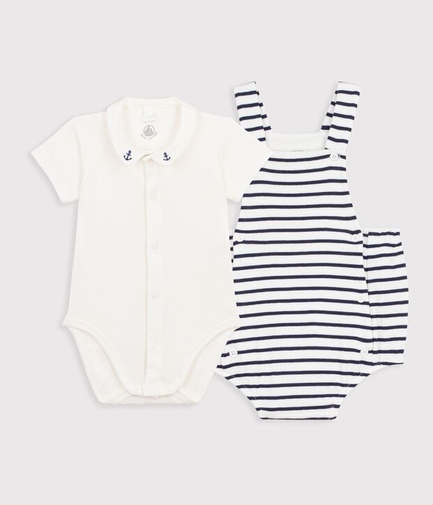 Set 2 pezzi in cotone a righe con dettagli ricamati neonato bianco/blu