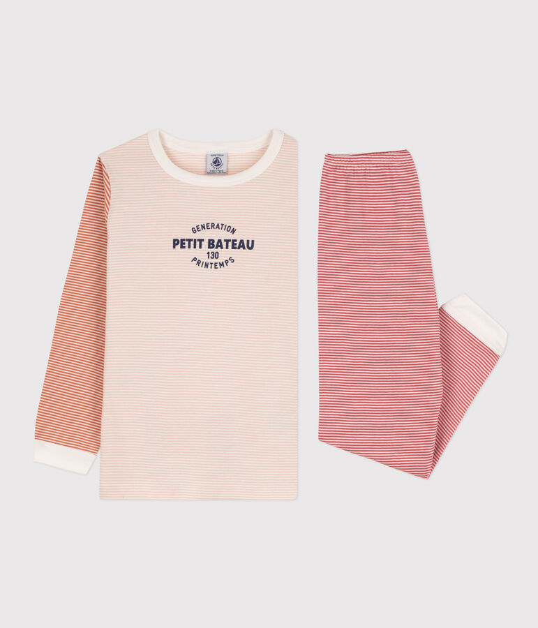 Pigiama millerighe tricolore in cotone unisex rosa SALINE/bianco MULTICO