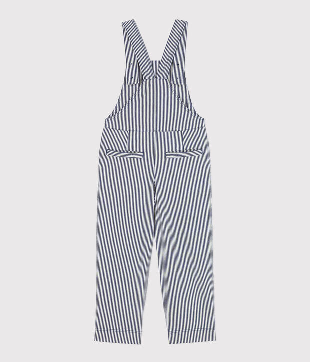 Salopette in tela di cotone a righe bambina blu/bianco